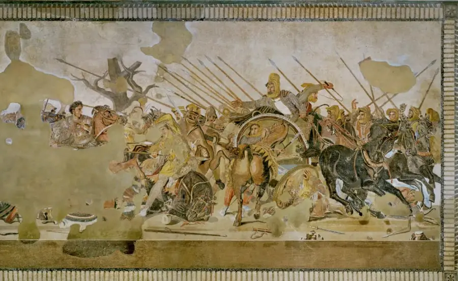 Mosaico helenístico de la Batalla de Issos (Batalla de Alejandro contra Darío III, 'Mosaico de Pompeya'): caballería, lanzas, carros de guerra y soldados en combate.