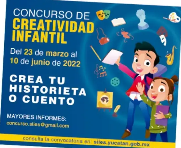 Cartel azul del Gobierno del Estado de Yucatán y SIIES para el Concurso de Creatividad Infantil, con ilustración de un niño y una niña con útiles escolares.