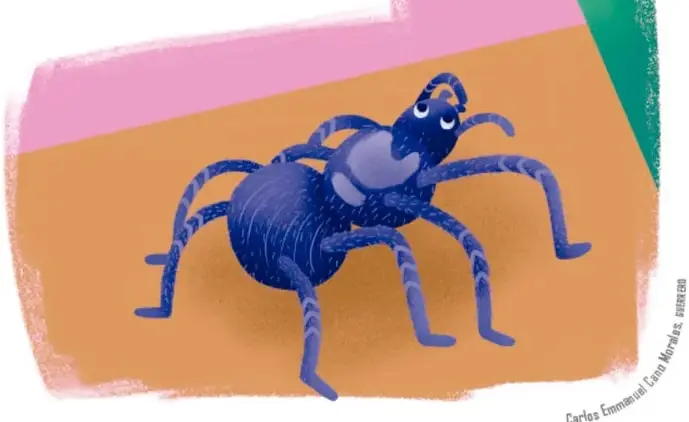 Ilustración de un dragón de origami verde con un ojo visible, sobre un fondo rosa y naranja.