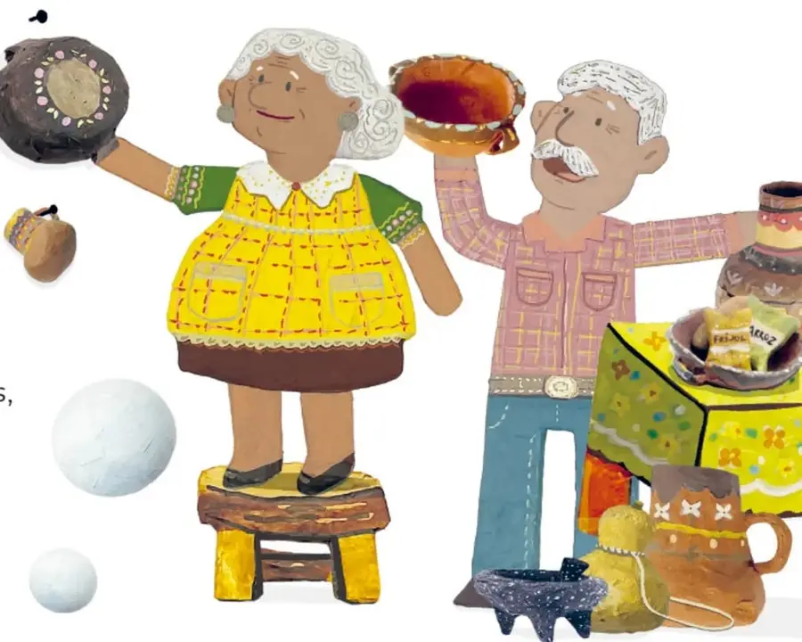 Ilustración de trastes de barro: un comal negro, una olla azul, una cazuela decorada con un maguey y una olla oscura, acompañados de pequeños jarritos de distintos colores.