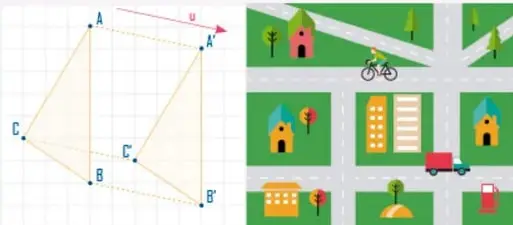 Ilustración de una cuadrícula con una figura (triángulo) trasladada mediante un vector u, mostrando los puntos A, B, C y sus imágenes A', B', C' (traslación de figuras en el plano).