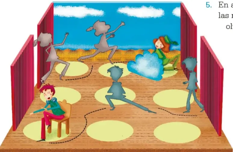 Escenario de teatro con cortinas rojas: un niño sentado en una silla, figuras de títeres danzando sobre círculos amarillos y una escena con una nube y una niña.