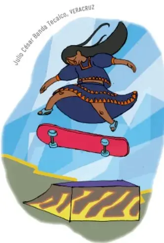 Ilustración de una niña con vestido tradicional patinando en una rampa, con la leyenda 'Julia César Banda Tecalco, VERACRUZ'.
