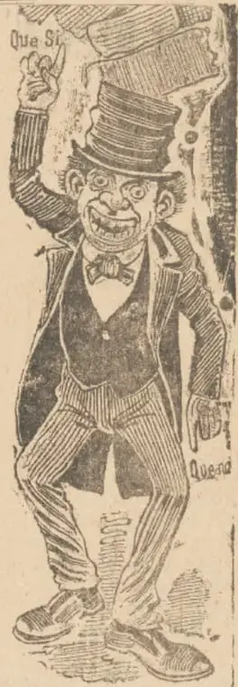 Caricatura de un hombre con sombrero de copa, levita y bastón, con expresión sonriente, que parece representar a un personaje popular o al propio Madero estilizado.