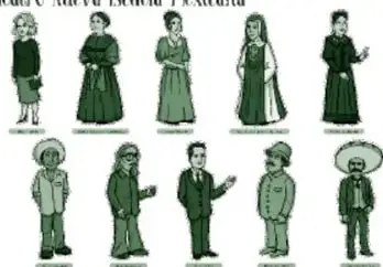 Diez figuras recortables de personajes: cinco mujeres y cinco hombres con pestañas de armado, bajo el título estilizado 'Teatro Nueva Escuela Mexicana'.