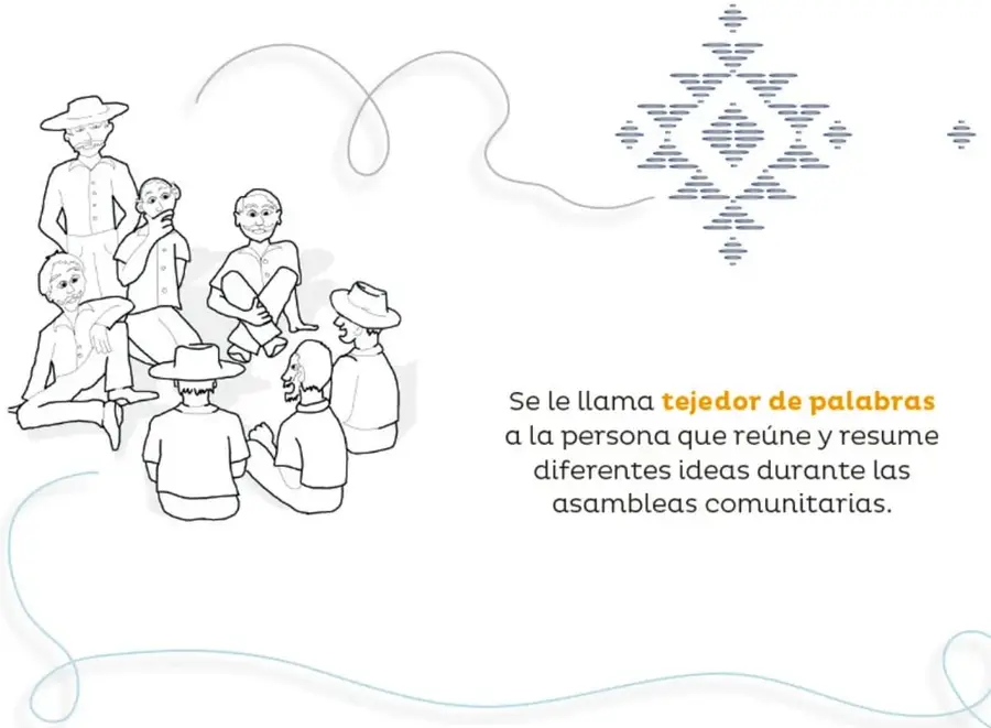 Dibujo a línea, sin color, de un grupo de personas (algunas con sombrero y una con bastón) sentadas y de pie conversando en círculo, representando una asamblea comunitaria.