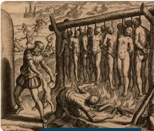 Grabado de Théodore de Bry titulado 'Crueldad de Gaspar Pacheco', donde se observa a españoles ahorcando y maltratando a mayas.