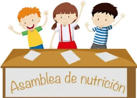 Ilustración de tres niños y niñas sonrientes detrás de un cartel que dice 'Asamblea de nutrición'.