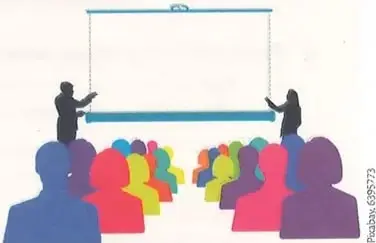 Ilustración de una persona que expone frente a un grupo de estudiantes; el mensaje indica que se debe mirar siempre a la audiencia.