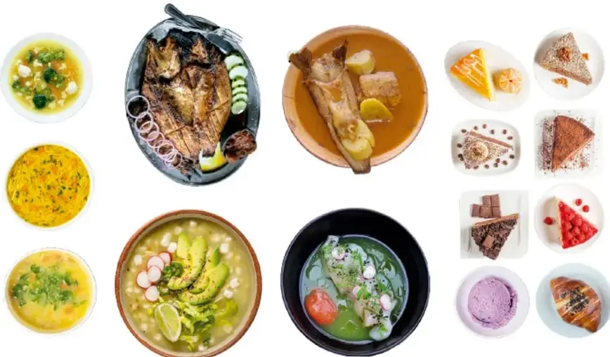 Collage de platillos: tres sopas (verduras, crema amarilla y caldo verde), dos guisados (pescado frito y guiso en salsa) y ocho postres (pastel, gelatina, flan, chocolate, fresas, helado, etc.).