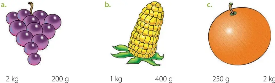 Ilustración de un racimo de uvas moradas con las opciones de masa 2 kg y 200 g debajo.