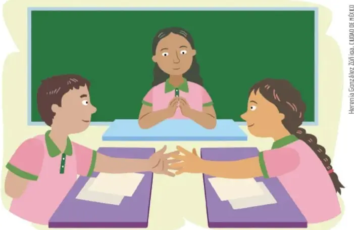 Ilustración de tres estudiantes de secundaria con uniforme rosa y verde reunidos alrededor de un pupitre; dos de ellos se dan la mano mientras la tercera observa frente al pizarrón verde. Hay hojas y libros sobre el escritorio. Crédito de la ilustración: Herenia González Zúñiga, Lic. en Artes Visuales.