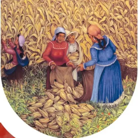 Pintura «La cosecha de maíz» (1958) de Ezequiel Negrete Lira: campesinas con faldas azules y rojas recogen y guardan elotes y mazorcas en un maizal dorado.