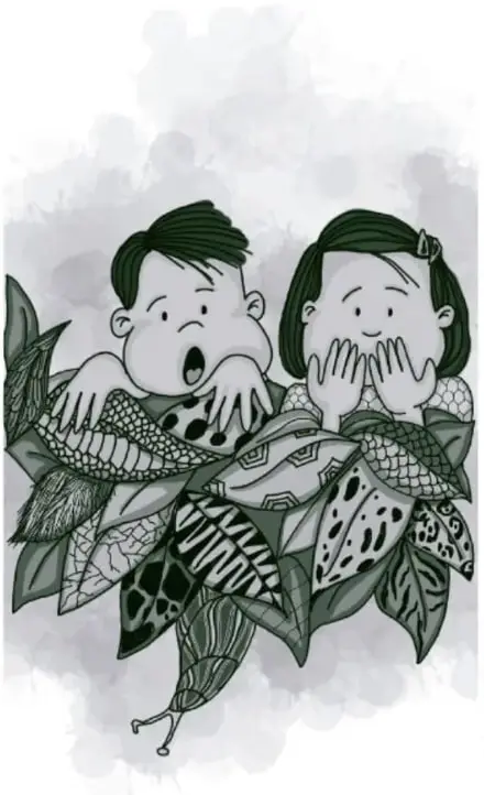 Ilustración de un niño y una niña con expresión de sorpresa, rodeados de hojas y elementos vegetales en tonos verdes. Crédito: Ana Lucía Zamudio González / Pexels.