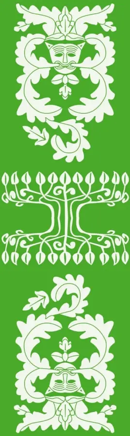 Tres ornamentos vegetales en blanco sobre fondo verde: dos figuras simétricas con máscaras estilizadas y una árbol ramificado central, de estilo folclórico decorativo.