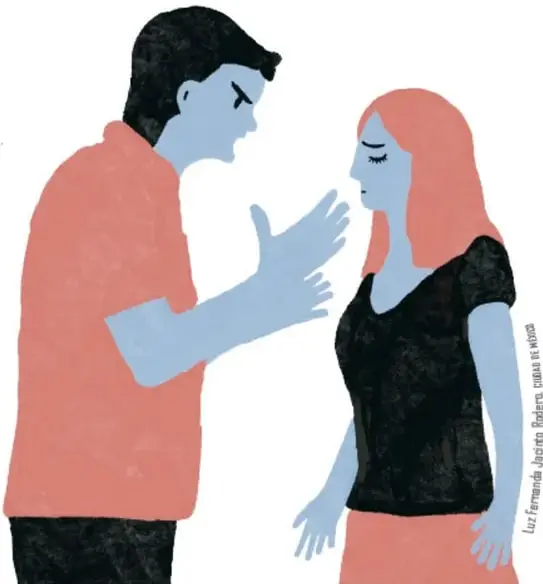 Ilustración de una pareja joven: un hombre con camisa rosa y una mujer con blusa negra y falda rosa. Él levanta la mano derecha como si hablara o gesticulara, ella lo mira con expresión seria. Al lado derecho hay un texto vertical que dice 'Luz Fernanda Jiménez Gutiérrez, Ciudad de México'.