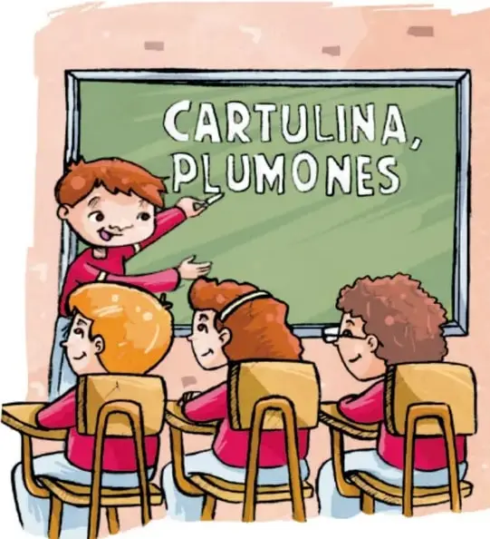 Ilustración de un niño frente a un pizarrón verde que dice 'CARTULINA, PLUMONES', mientras tres compañeros sentados lo observan; representa una presentación escolar ante el grupo.
