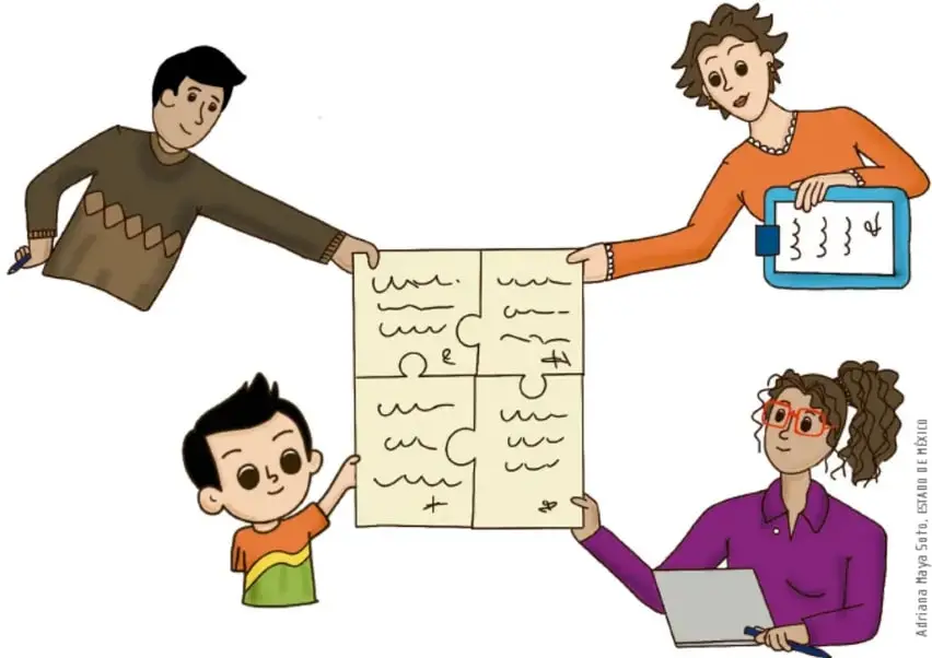 Ilustración de cuatro personas (un hombre con suéter, una mujer con pistola de juguete y portapapeles, un niño pequeño y una mujer con tablet y lentes rojos) que juntan cuatro piezas de rompecabezas con dibujos de reglas, como un acuerdo colectivo. Crédito vertical: Adriana Maya Soto.