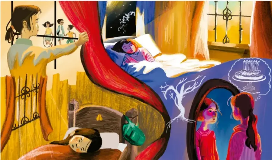 Ilustración onírica de Carla dormida en su cama, con una figura que abre una cortina roja, un árbol blanco, un espejo con su reflejo y un pastel de cumpleaños flotante, simbolizando el paso del tiempo y los sueños.