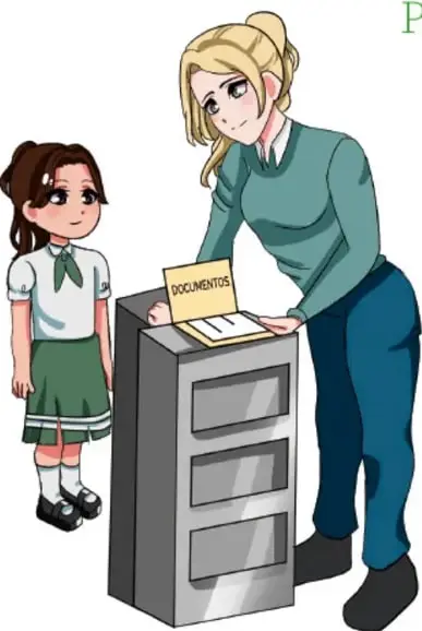 Ilustración de una niña y una maestra revisando una carpeta rotulada 'DOCUMENTOS' sobre un archivador, representando la consulta de archivos escolares.