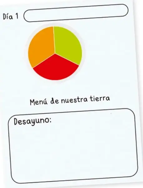 Tarjeta con el título "Día 1", un círculo tricolor y el recuadro "Menú de nuestra tierra" con el espacio "Desayuno:".