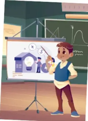 Ilustración de un niño que expone en un salón frente a un proyector con infografías de energía y dinero, con pizarrón al fondo.