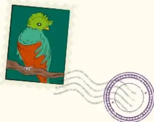 Estampilla con un periquito verde y rojo sobre fondo teal, con sello circular morado y ondas de matasellos; hoja rosa con esquinas naranjas para notas.
