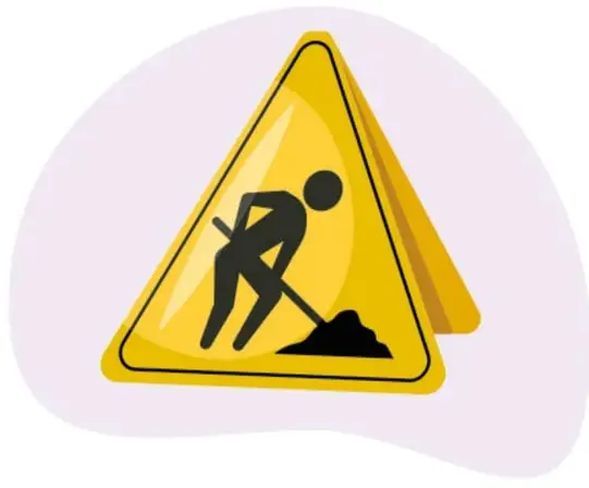 Señal de precaución triangular amarilla con la silueta de una persona trabajando con pala, sobre un fondo lavanda redondeado.
