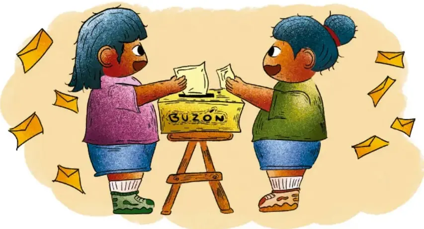 Dos niñas depositan cartas en un buzón de madera sobre un caballete, rodeadas de sobres volando.