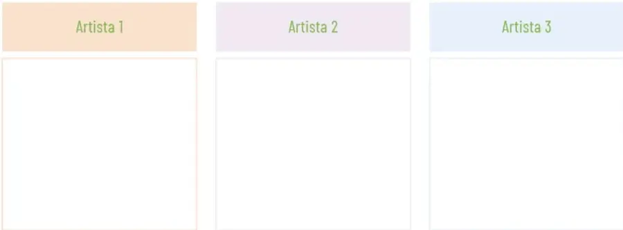Tres tarjetas vacías rotuladas Artista 1, Artista 2 y Artista 3 para completar con nombres y obras.