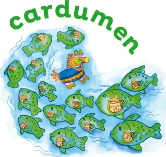 Ilustración de peces verdes nadando juntos en grupo (cardumen), uno de ellos lleva una pequeña piñata de burrito; fondo de agua azul. Crédito: Mariana Guzmán García, Estado de México.