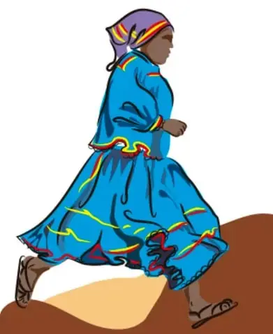 Ilustración de una mujer ralámuli con falda azul brillante y pañoleta en la cabeza, corriendo cuesta arriba con huaraches.