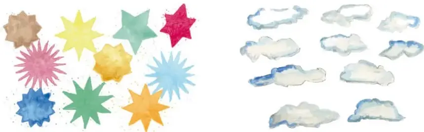 Colección de estrellas de colores con la etiqueta 'Agrupación de 10 estrellas' y colección de nubes con la etiqueta 'Agrupación de 10 nubes'.