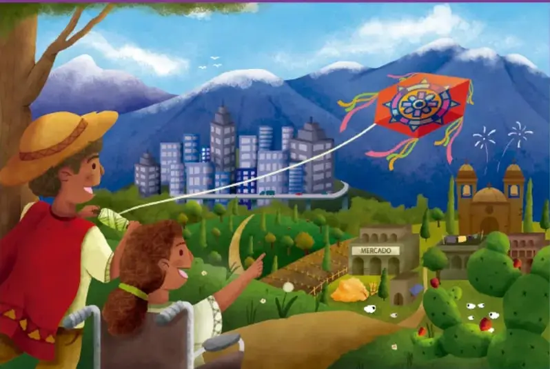 Ilustración de dos niños de espaldas elevando un papalote rojo con diseño geométrico; uno viste camisa amarilla y chaleco rojo con sombrero, el otro tiene cabello recogido. El paisaje muestra montañas nevadas, una ciudad con edificios azules, un mercado con letrero 'MERCADO', una iglesia con cúpulas, árboles, arbustos y flores.