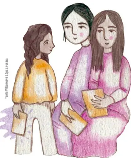 Ilustración de tres personas: una niña de pie con ropa amarilla y dos mujeres sentadas con ropa rosa, sosteniendo cuadernos; representan el trabajo en comunidad.