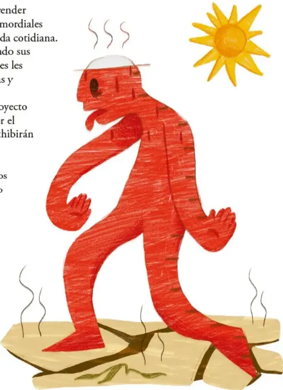 Ilustración de una figura roja sudando bajo el sol, caminando sobre tierra agrietada; crédito: Sarah Esther Leorreta Medrano, COLIMA.