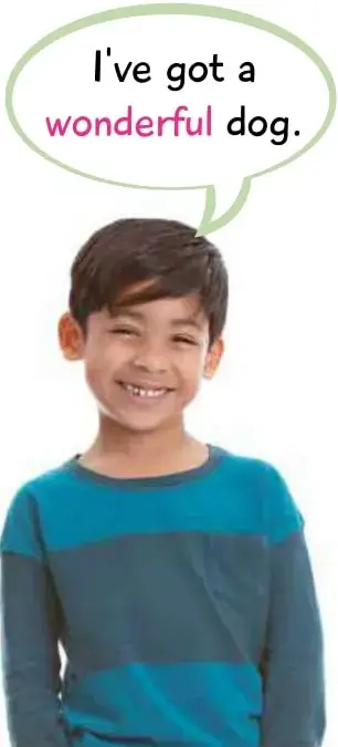Niño sonriente con polera azul y globo de diálogo: 'I've got a wonderful dog.'
