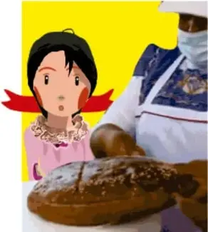 Ilustración de una niña observando a un panadero con cubrebocas que amasa pan.