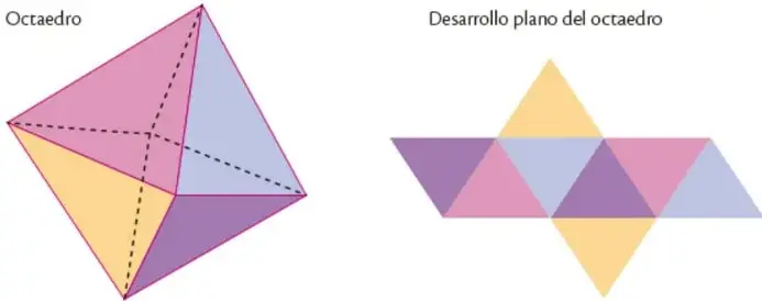 Octaedro regular en perspectiva con caras coloreadas en rosa, lila y amarillo, mostrando aristas ocultas con líneas punteadas.