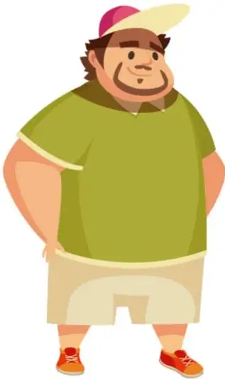 Ilustración de un adulto con sobrepeso y un niño comiendo una hamburguesa y papas fritas, con porcentajes de obesidad en México.