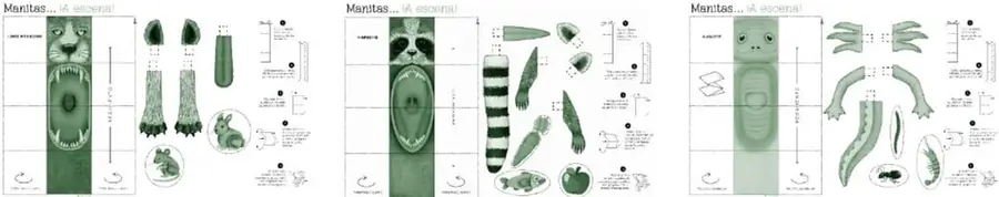 Tres plantillas tituladas «Manitas… ¡A escena!» con recortables de títeres de guante en verde: lobo mexicano (cabeza con fauces abiertas, patas con garras), tejón (cabeza con antifaz y cuerpo con cola anillada) y ajolote (cuerpo con branquias y patas pequeñas), cada una con piezas pequeñas de animales (conejo, ratón, pez, manzana, gusanos) y leyendas de armado.