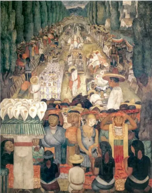 Reproducción de un mural con una multitud en un mercado, personajes indígenas, flores y colores vivos, propio del muralismo mexicano.