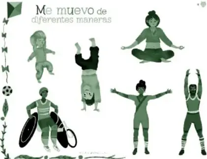 Miniatura del recurso 'Me muevo de diferentes maneras': siluetas de personas realizando movimientos variados —gatear, pararse en manos, sentarse en posición de loto, estirar los brazos— y una figura depositando basura en un contenedor.