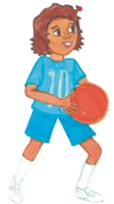 Ilustración de una niña con camiseta azul número 10 sosteniendo un balón de baloncesto; crédito: Nohemí Santibáñez López, Ciudad de México.