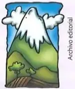 Paisaje montañoso con una montaña nevada y vegetación.