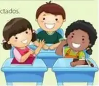 Tres niños conversando en sus bancas; viñeta de competencia matemática con globos de diálogo de colores.
