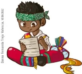 Ilustración de un niño indígena leyendo un documento, sentado