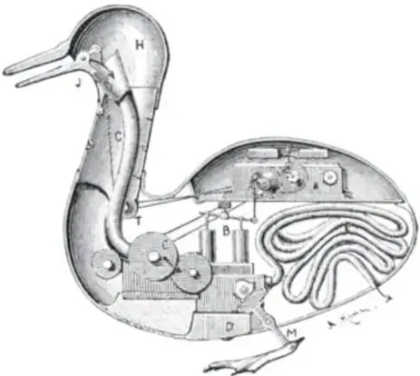 Grabado del pato digestor de Vaucanson, mostrando su estructura interna con engranajes y piezas mecánicas.