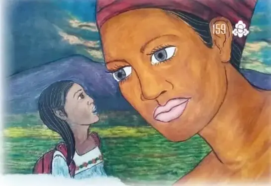 Ilustración: rostro grande y sereno de una uema de piel morena con tocado rojo, mirando a la niña Xareni (con mochila roja y vestido bordado) que la observa bajo un cielo crepuscular.