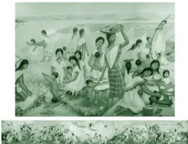 Fragmento del mural en tonos verdes y ocres: multitud de personas en escenas de vida cotidiana mexica, con mujeres haciendo tortillas, una amamantando, niños jugando en el agua, un hombre escribiendo y músicos.